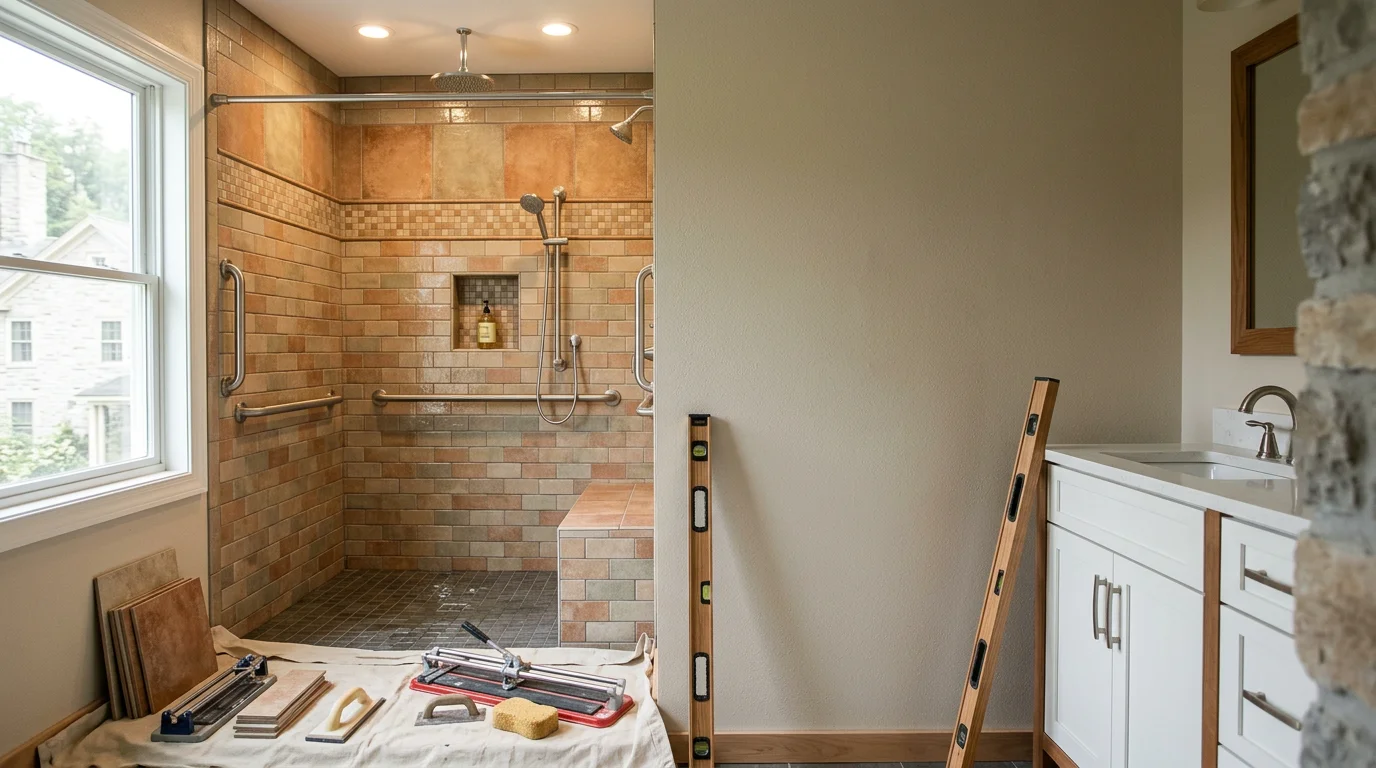 Modern bathroom with custom tile work and accessible shower installation