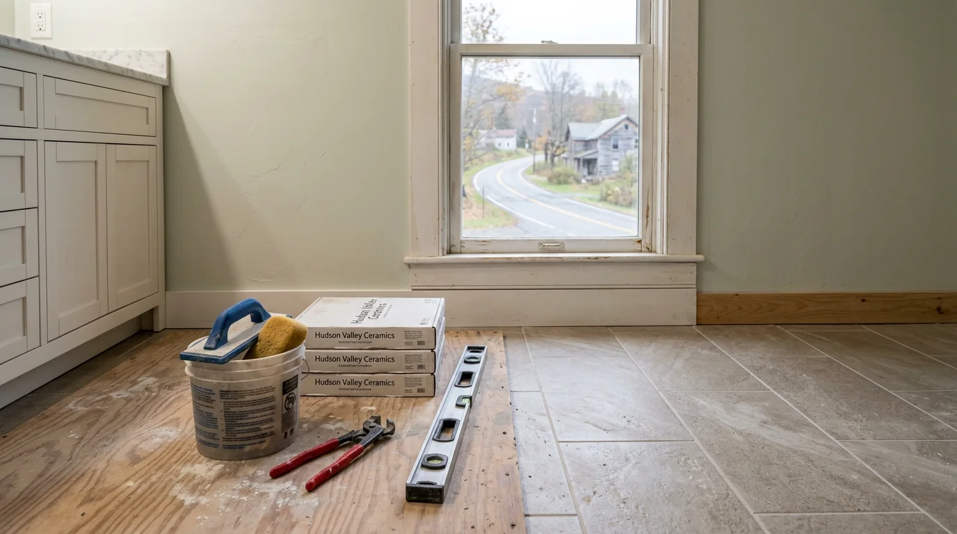 Palermo Tile, Kitchen & Bath handyperson installing tile flooring in a Milton, NY home