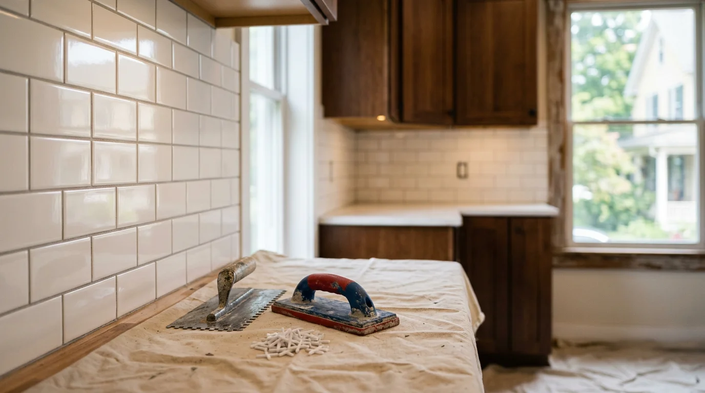 Kitchen with custom tile backsplash installation