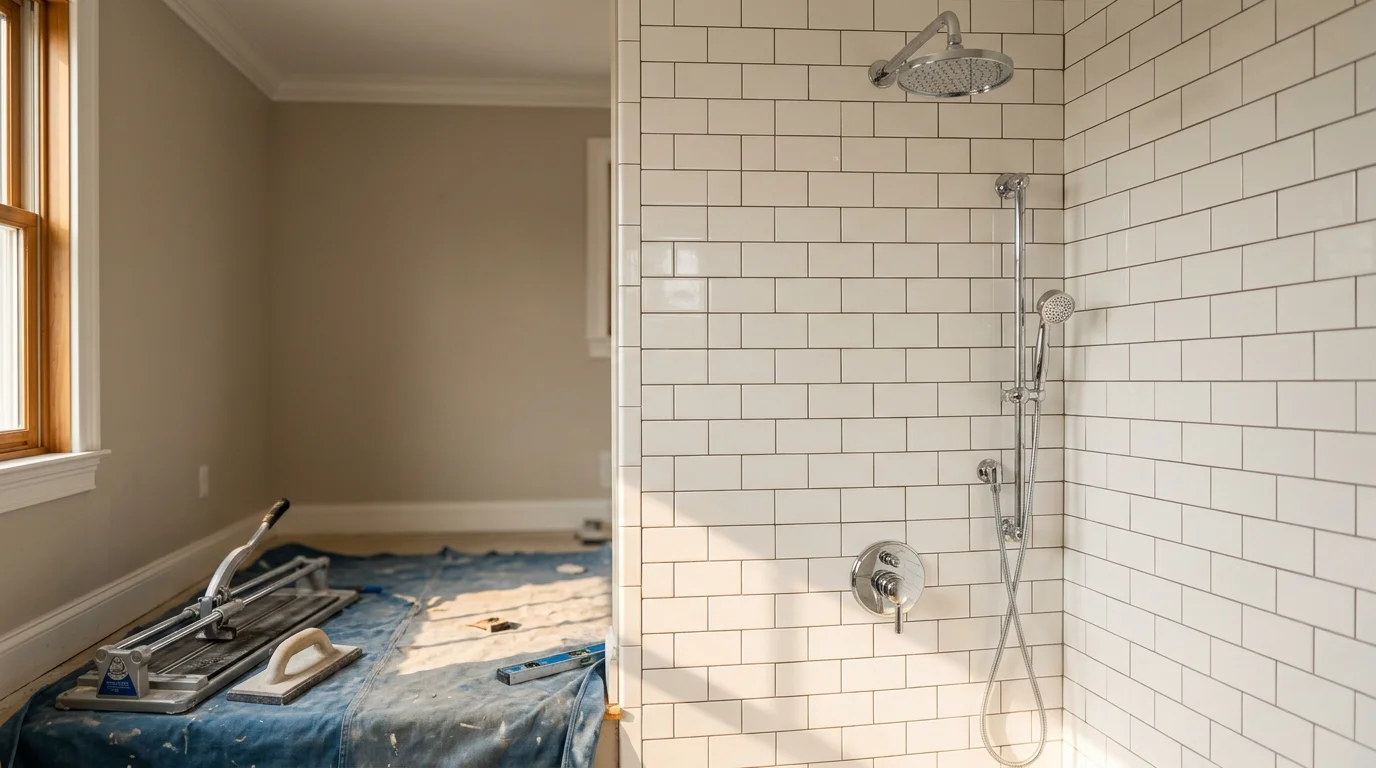 Professional tile installation work in progress