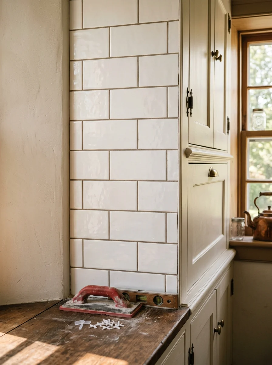 Kitchen backsplash tile installation in a historic Colonial-style home in Rhinebeck, NY.