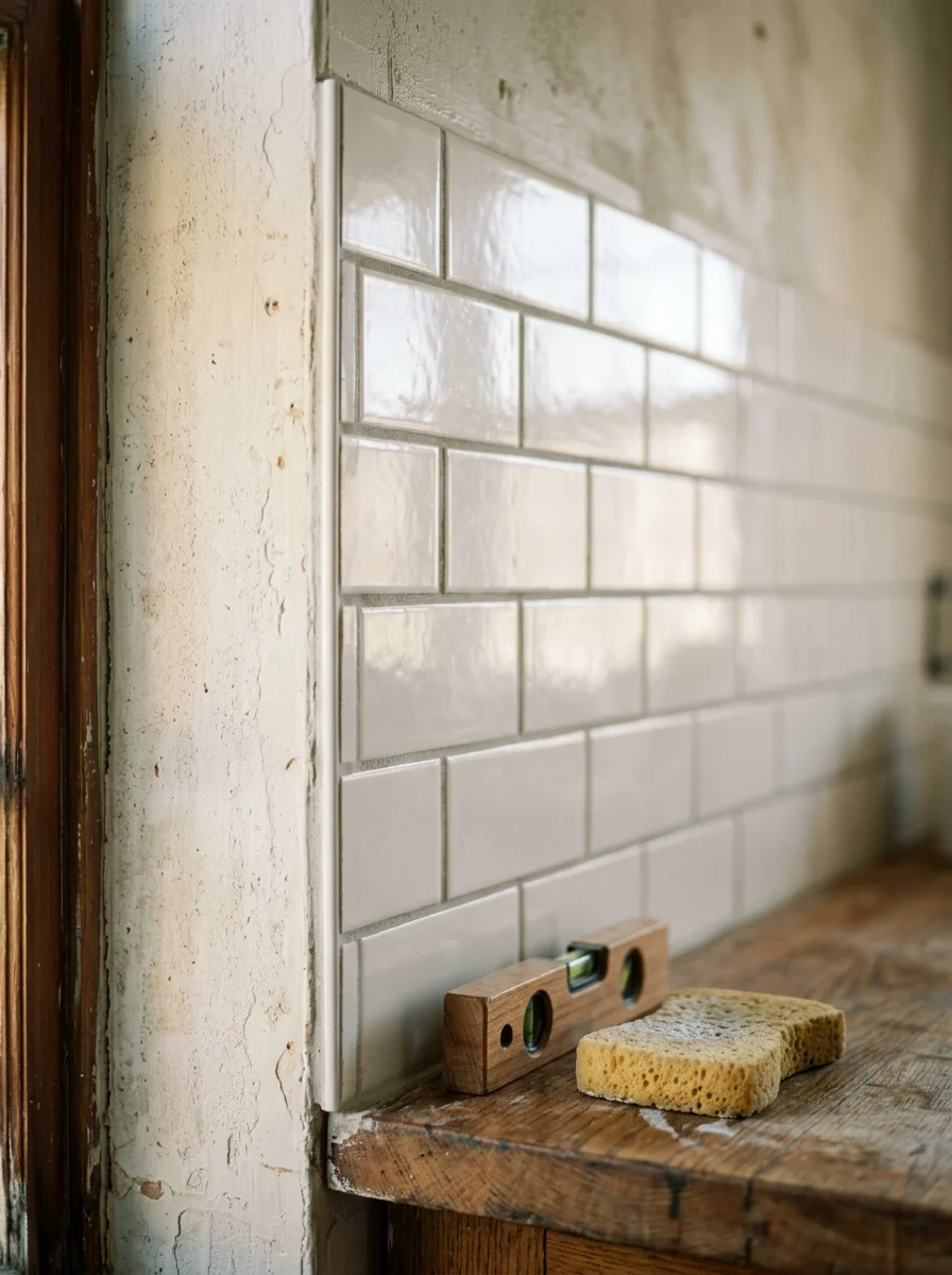 Detail of a kitchen backsplash tile installation in a renovated historic home in Kingston's Stockade District.