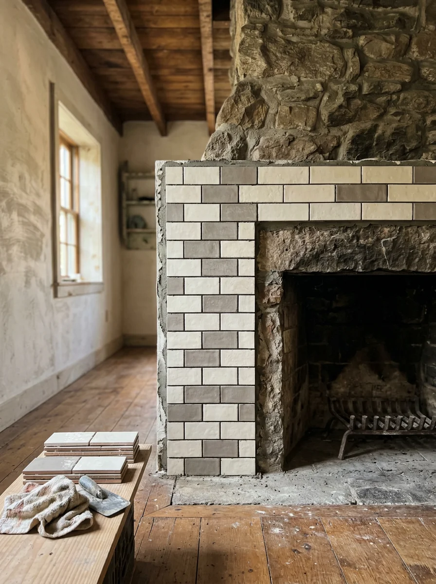 Fireplace tile installation in a farmhouse-style living room in a rural property outside New Paltz, NY.