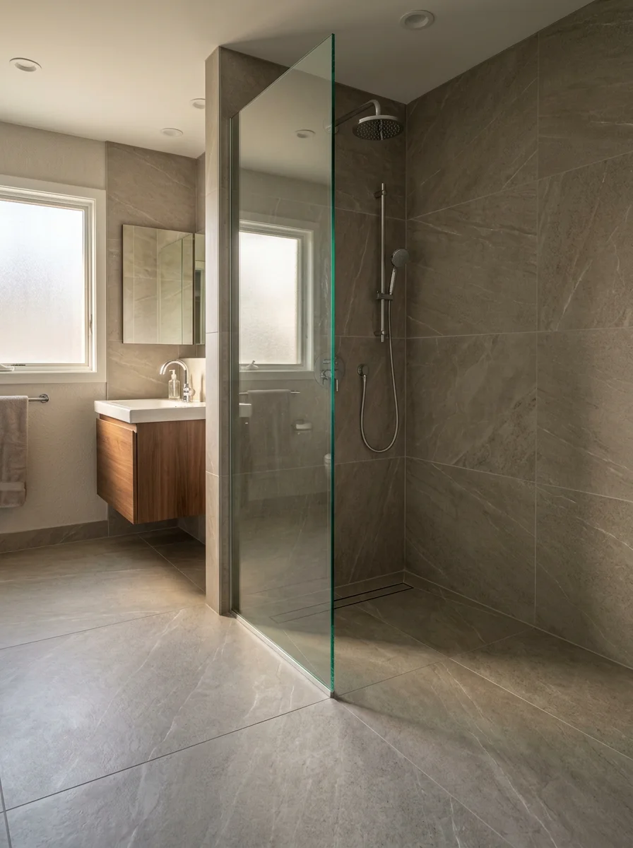 Curbless shower stall with tiled walls and floor in a renovated bathroom in a New Windsor, NY suburban home.