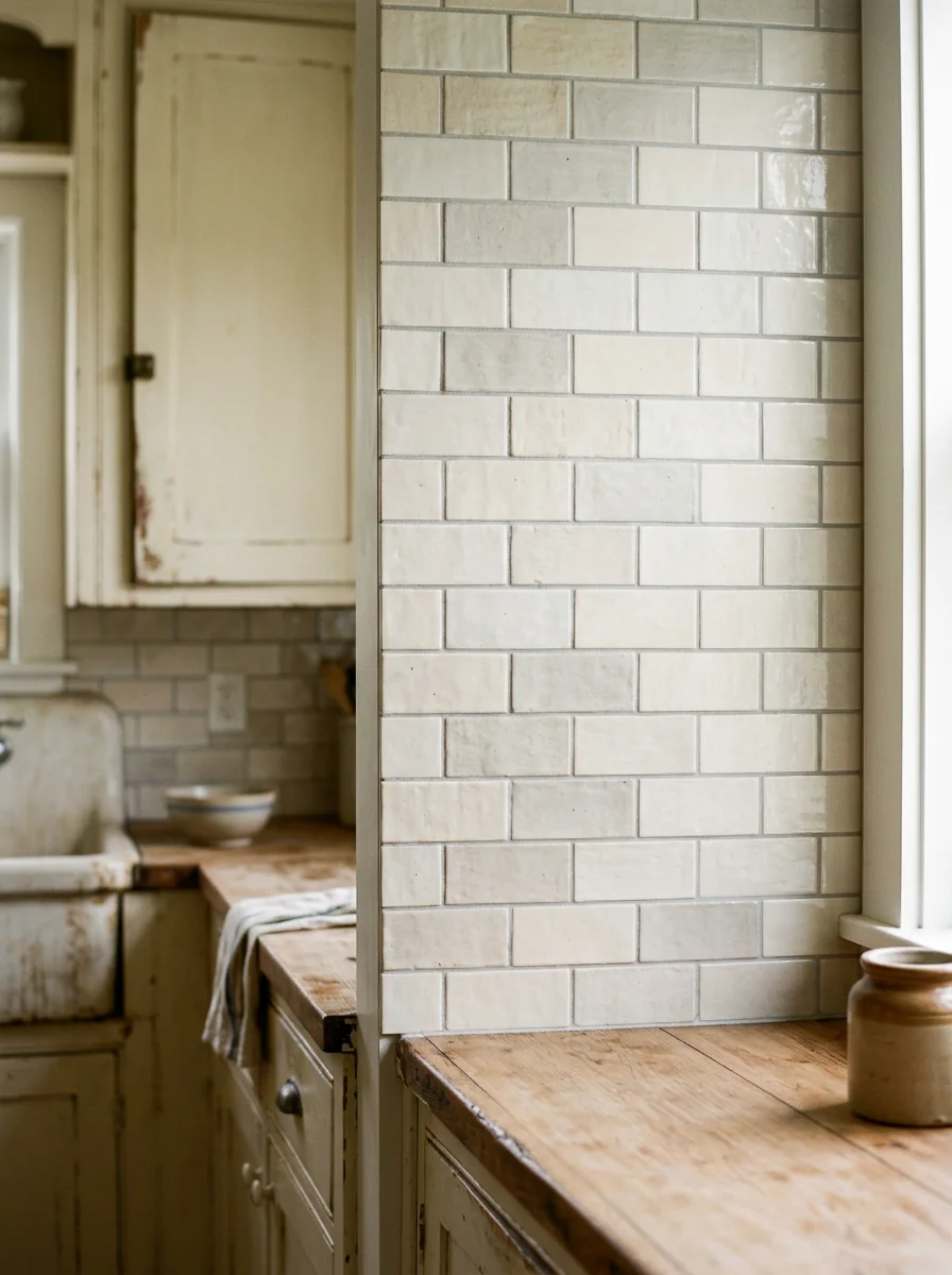 Close-up of a kitchen backsplash tile installation in a renovated farmhouse-style kitchen in Ulster County, NY.
