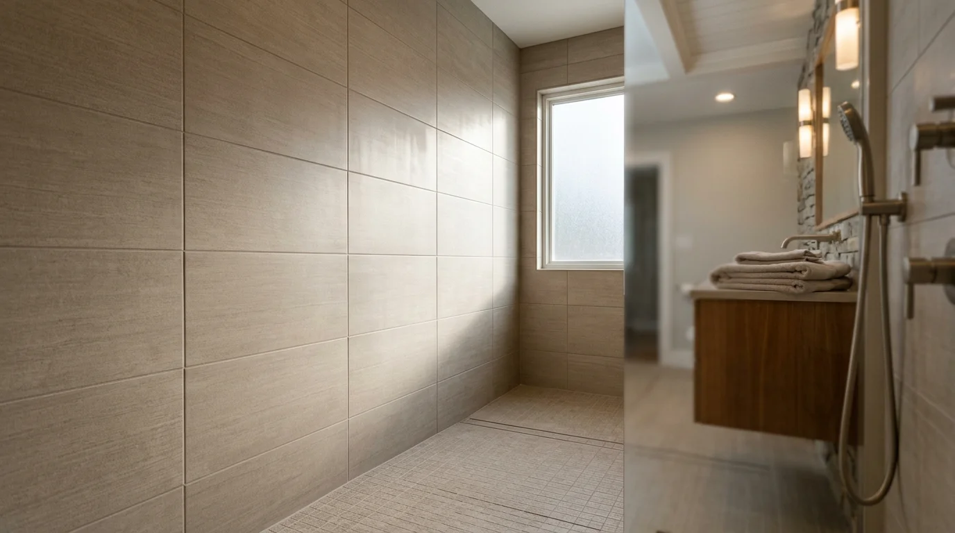 Newly tiled walk-in shower with large-format porcelain wall tile and a curbless floor in a renovated Ulster County, NY home.