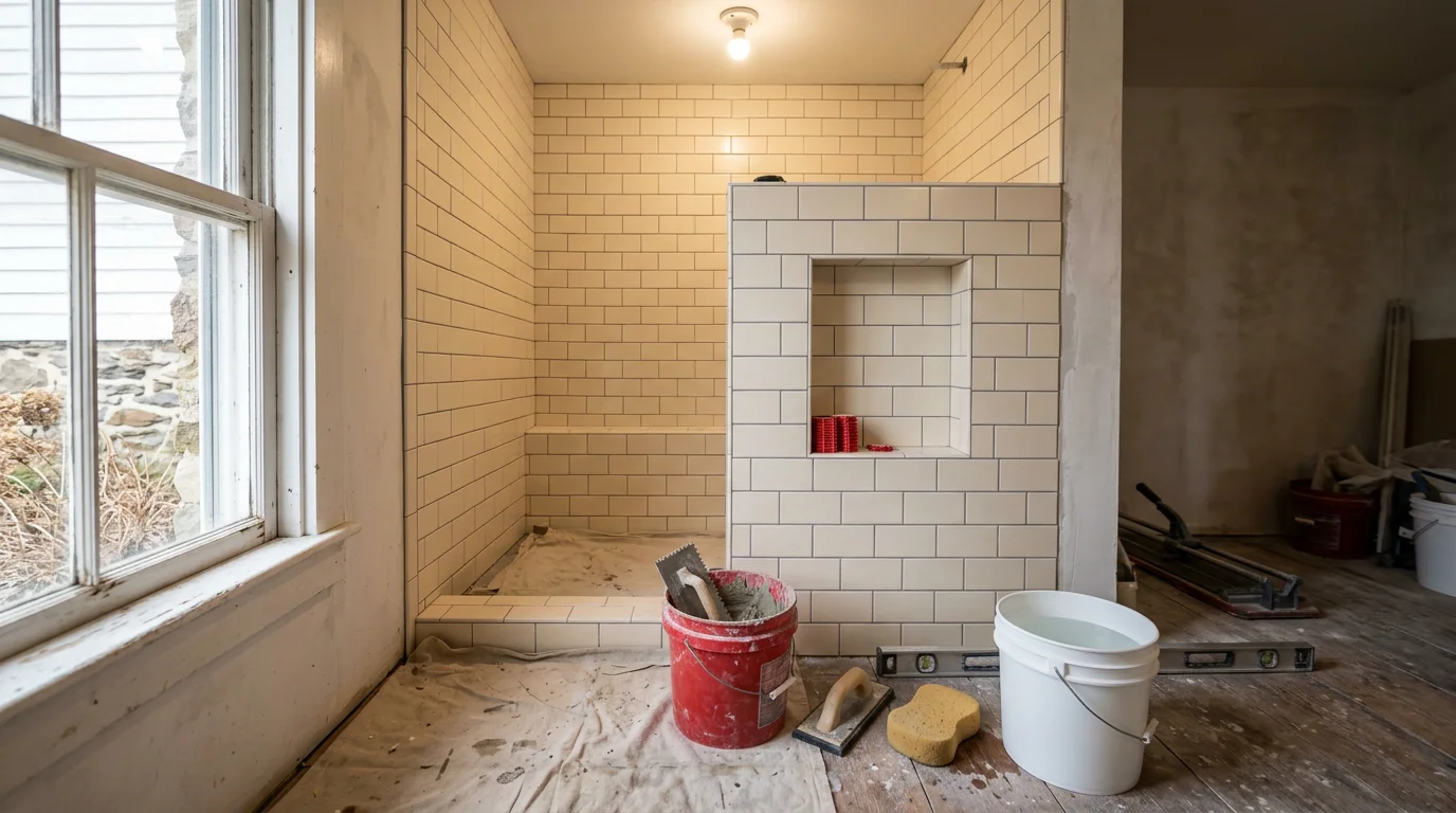 A fully tiled bathroom with a custom walk-in shower and new floor tile in an Ulster County, NY home. The finished space shows clean grout lines, a tiled shower surround, and updated fixtures installed by Palermo Tile, Kitchen & Bath.