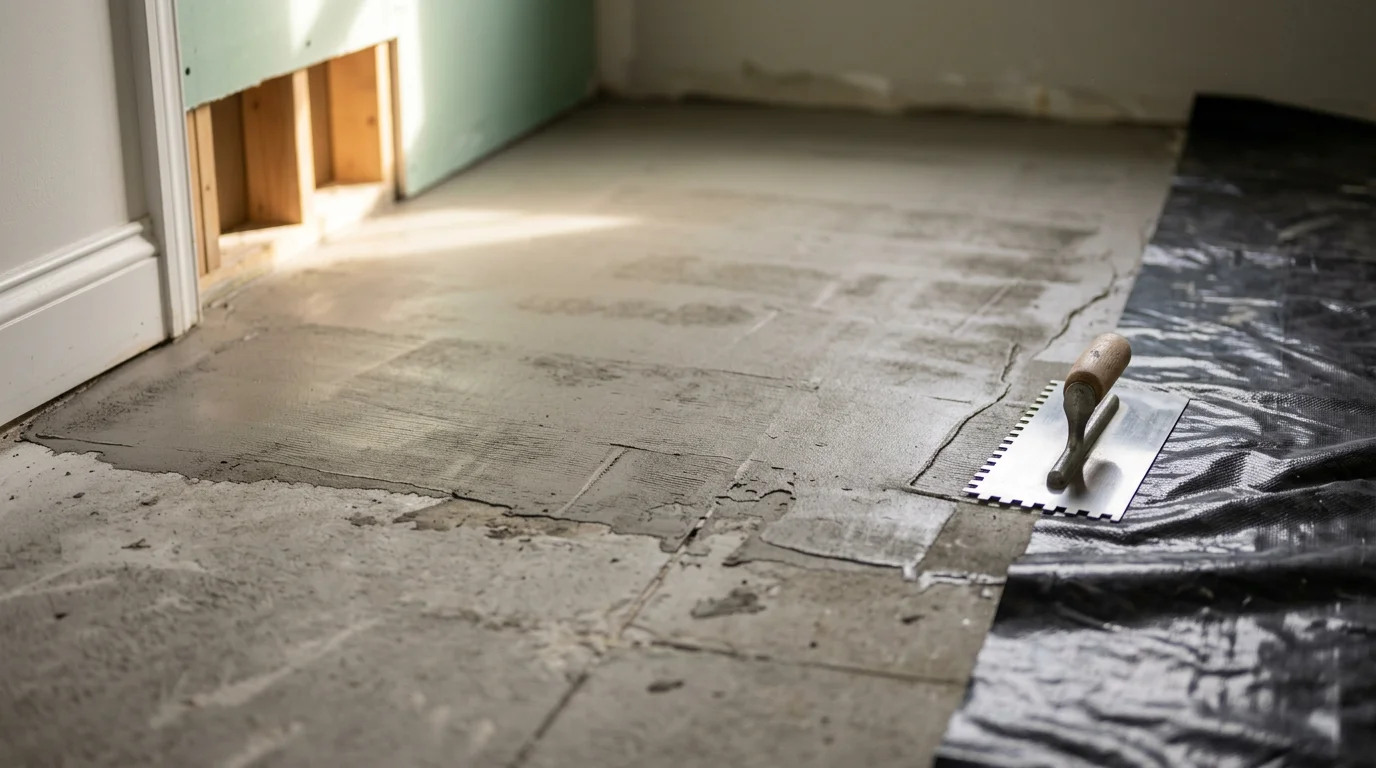 Newly installed water-resistant tile bathroom floor in a residential home in Ulster County, NY. The finished floor shows clean grout lines and a smooth surface suited to a full bathroom with a shower and vanity.