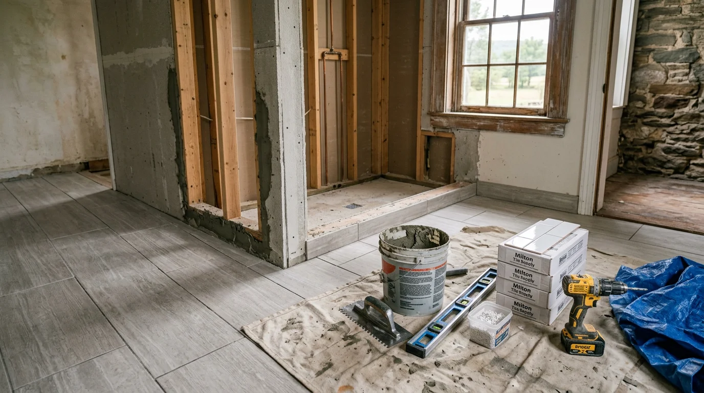 A remodeled bathroom in an Ulster County, NY home featuring new floor tile, an updated vanity, and a tiled walk-in shower. The finished space reflects hands-on renovation work suited to Hudson Valley residential construction.