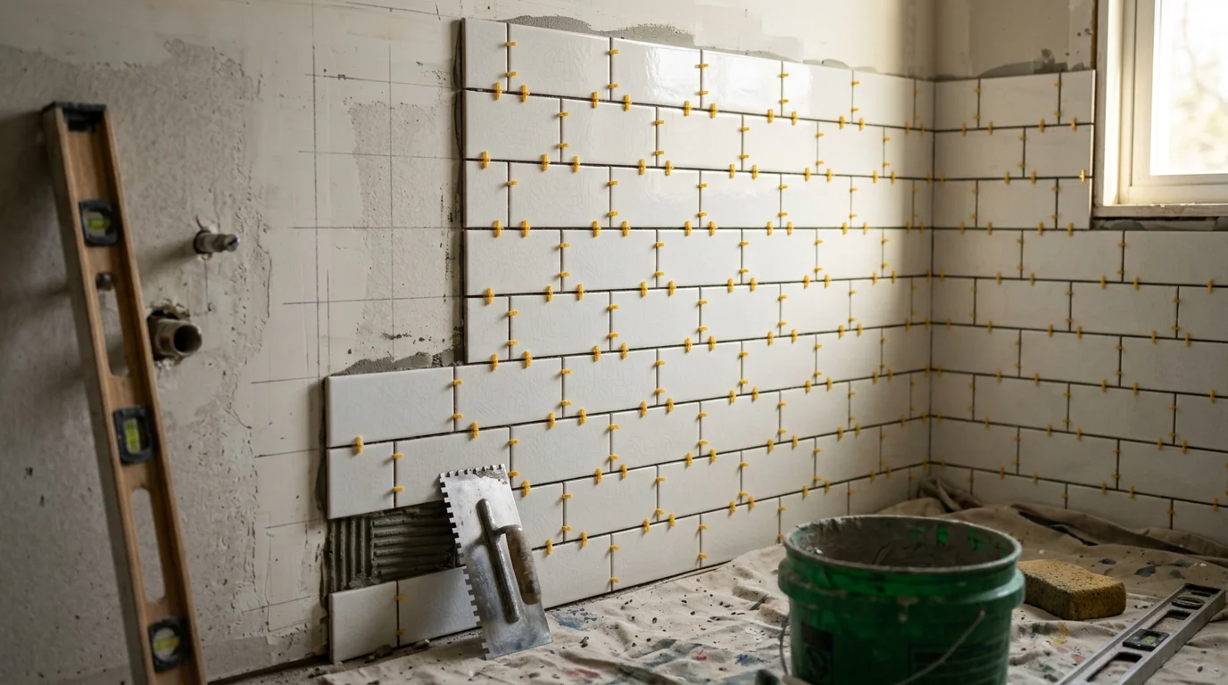Freshly installed wall tile in a bathroom of an Ulster County, NY home, showing even grout lines and a clean tiled surface around a vanity wall. The tile work reflects careful layout and surface preparation typical of older Hudson Valley home renovations.