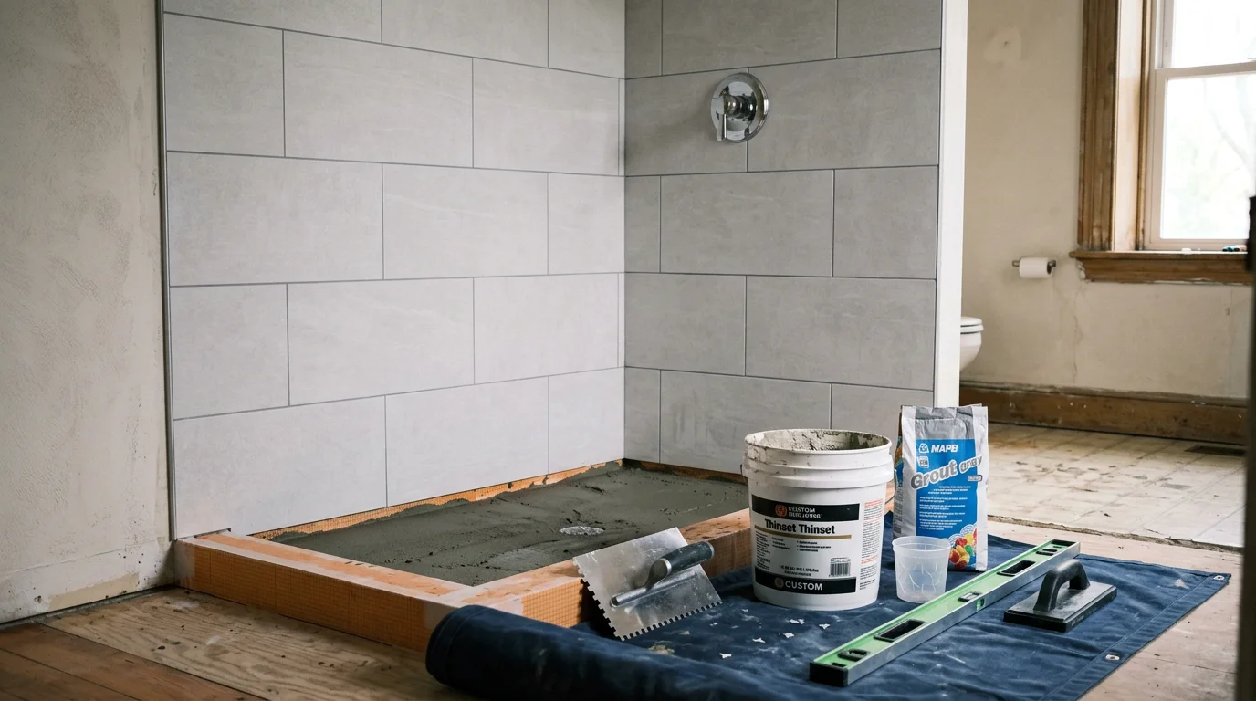 Freshly tiled bathroom wall with clean grout lines around a tub surround in an Ulster County, NY home. The tile work covers the full wet area with consistent spacing and precise cuts at the corners and fixture openings.
