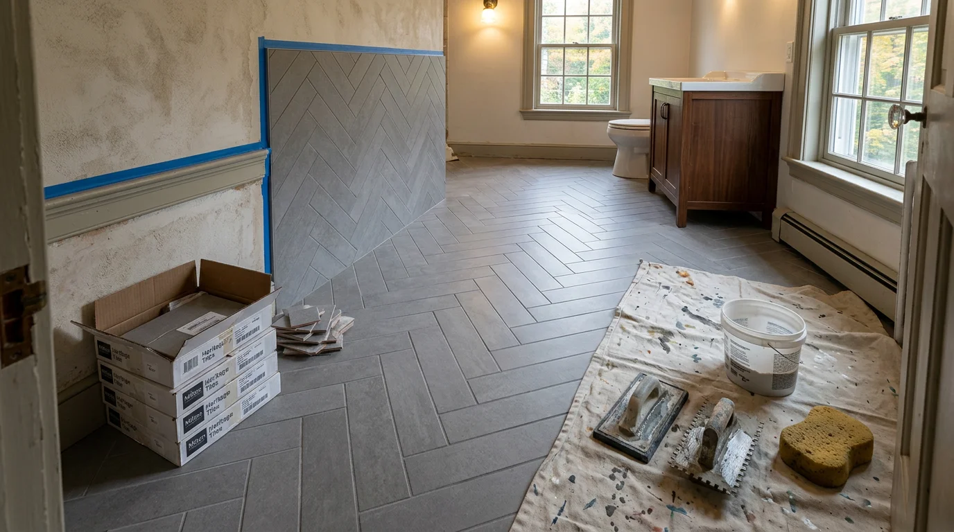 A fully renovated kitchen and bathroom interior in an Ulster County, NY home, showing new tile flooring, updated cabinetry, and fresh wall tile work throughout the space.