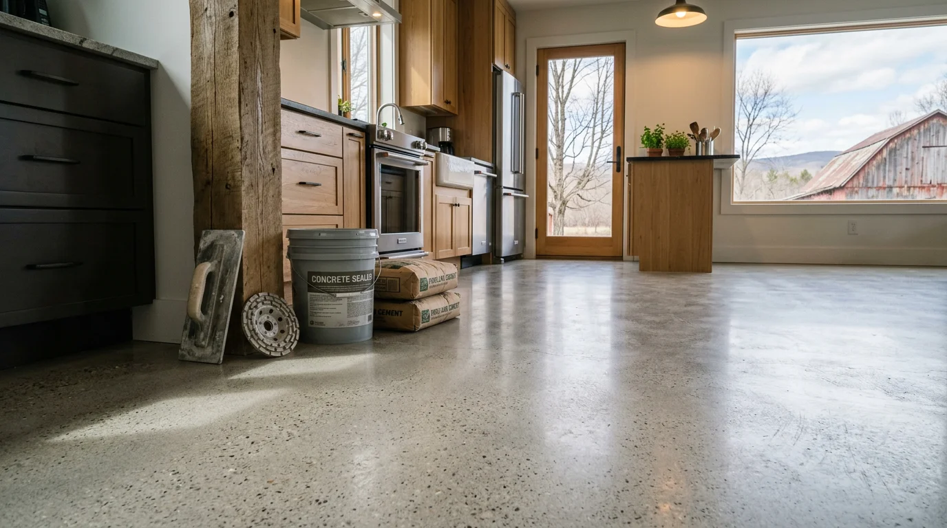 Freshly installed concrete floor in a residential space in Ulster County, NY, showing a smooth, level surface ready for use. The room reflects the clean, finished result of a hands-on concrete floor installation by Palermo Tile, Kitchen & Bath.