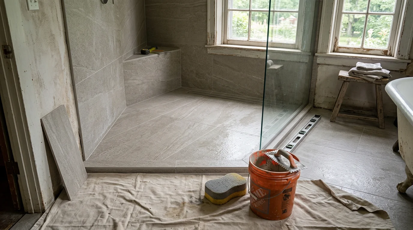 A finished curb less shower with flush tile floor and tiled walls installed by Palermo Tile, Kitchen & Bath in Ulster County, NY. The barrier-free entry opens directly from the bathroom floor with no raised threshold.