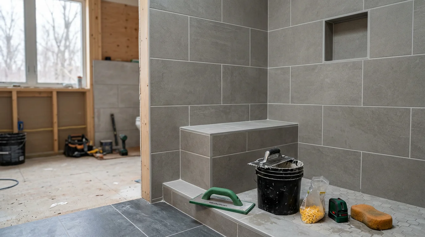 Custom tiled shower enclosure with built-in niche and curbless entry installed by Palermo Tile, Kitchen & Bath in an Ulster County, NY home. Wall and floor tile are fitted to a corner layout with clean grout lines throughout.