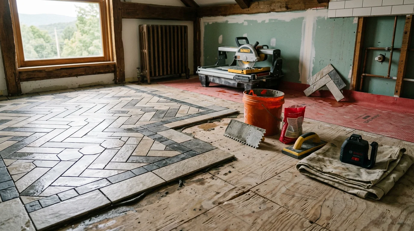 A finished customizable bathroom in Ulster County, NY featuring a tile shower surround with a mixed pattern floor and coordinated wall tile. The space shows hands-on tile work tailored to the room's dimensions and the homeowner's design preferences.