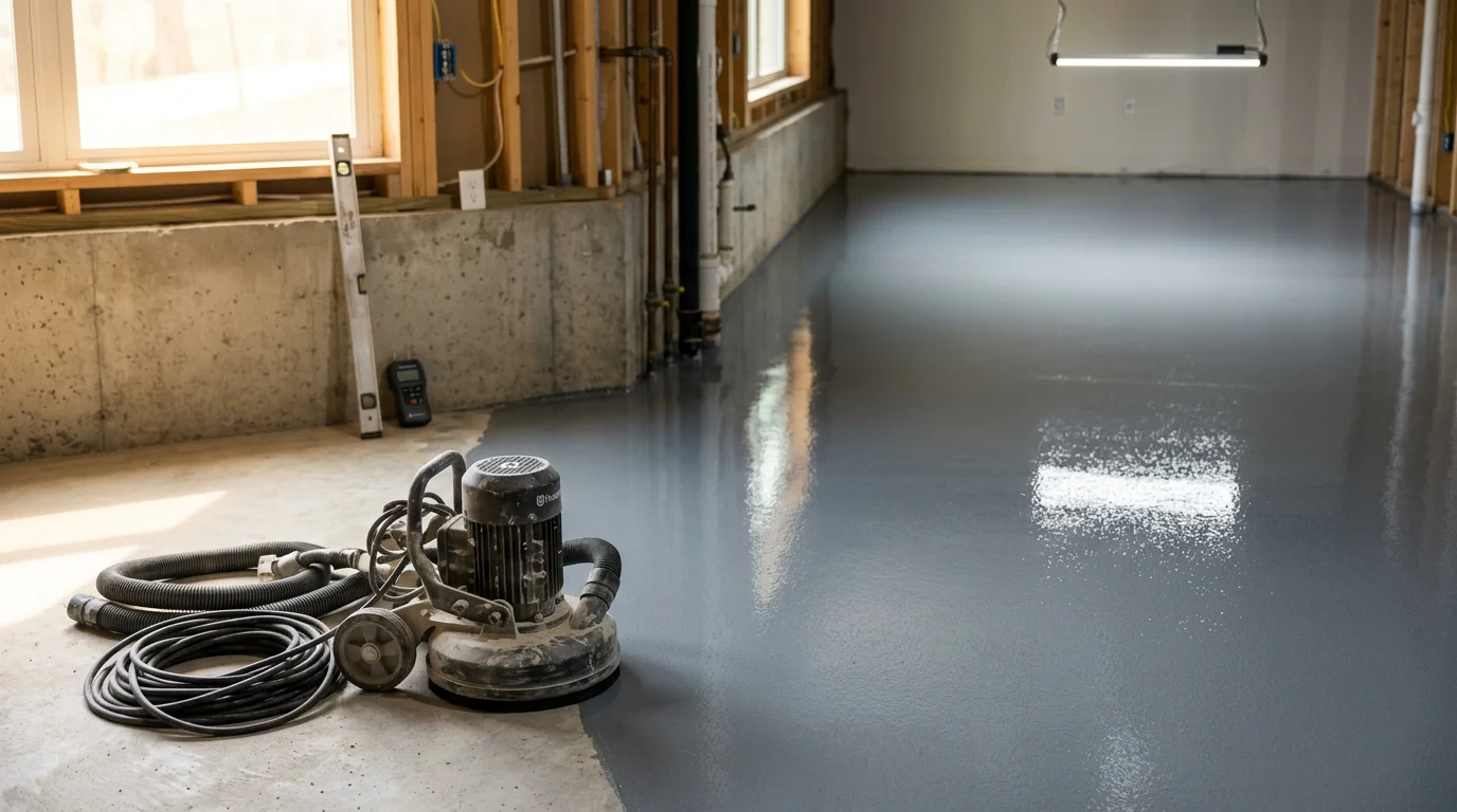 Freshly installed epoxy floor coating on a residential garage slab in Ulster County, NY, showing a smooth, sealed surface with a clean, even finish. The concrete is fully coated and ready for vehicle and foot traffic.