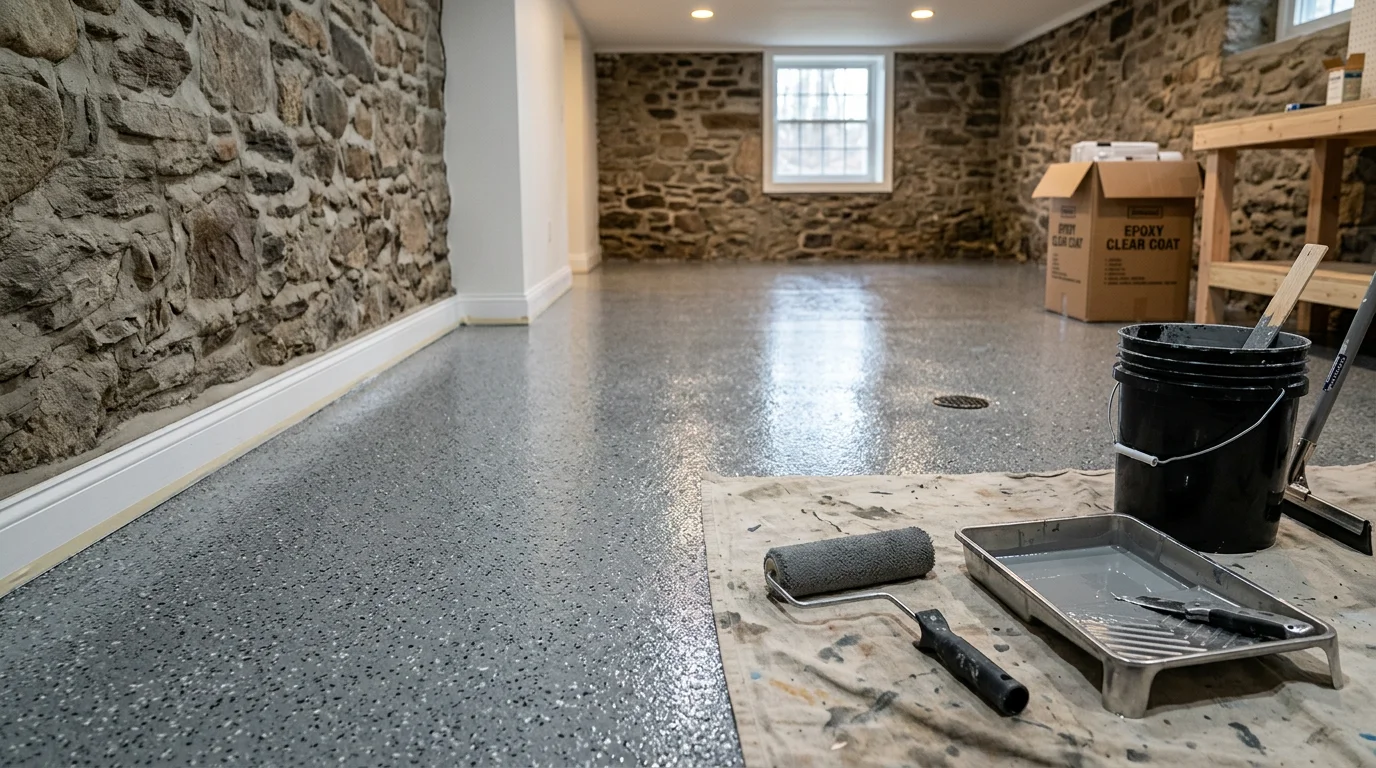 Freshly coated epoxy garage floor in an Ulster County, NY home, showing a smooth, glossy surface with clean lines along the walls. The sealed concrete reflects overhead lighting and shows no staining or cracking.