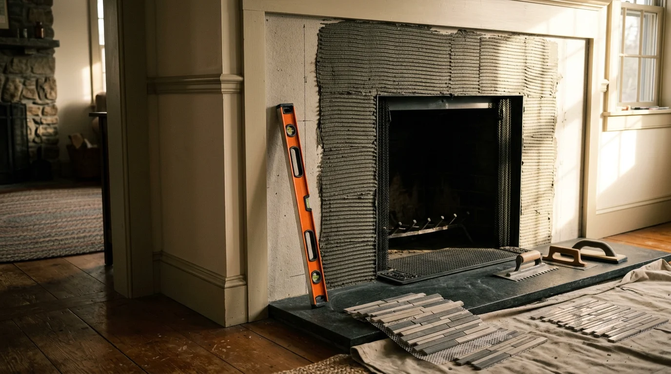 Tiled fireplace surround and hearth in an Ulster County, NY home, showing even grout lines and a clean layout around the firebox opening. The finished tile work covers the full surround from hearth to mantel line.