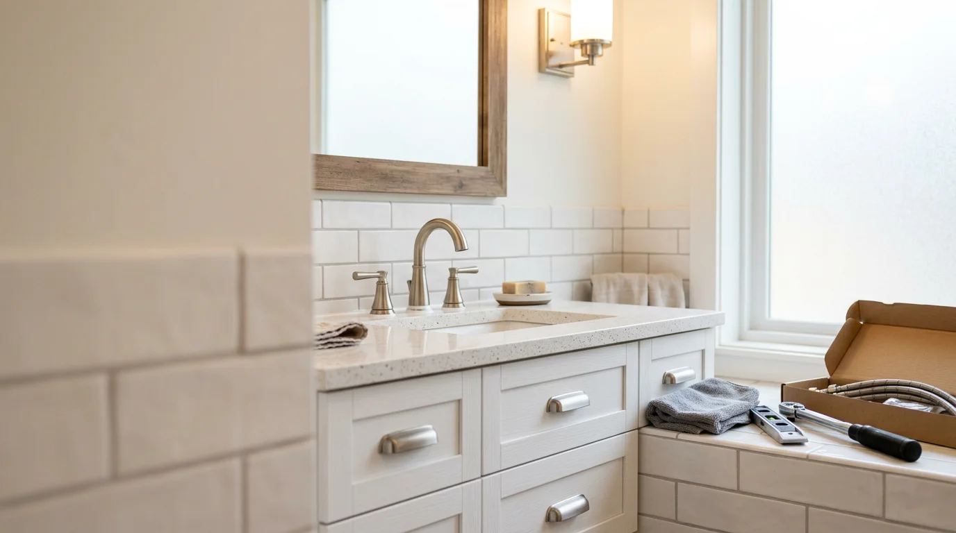 A newly installed bathroom faucet and vanity fixture in a Ulster County, NY home, with clean tile surrounds and updated hardware replacing worn original fixtures.