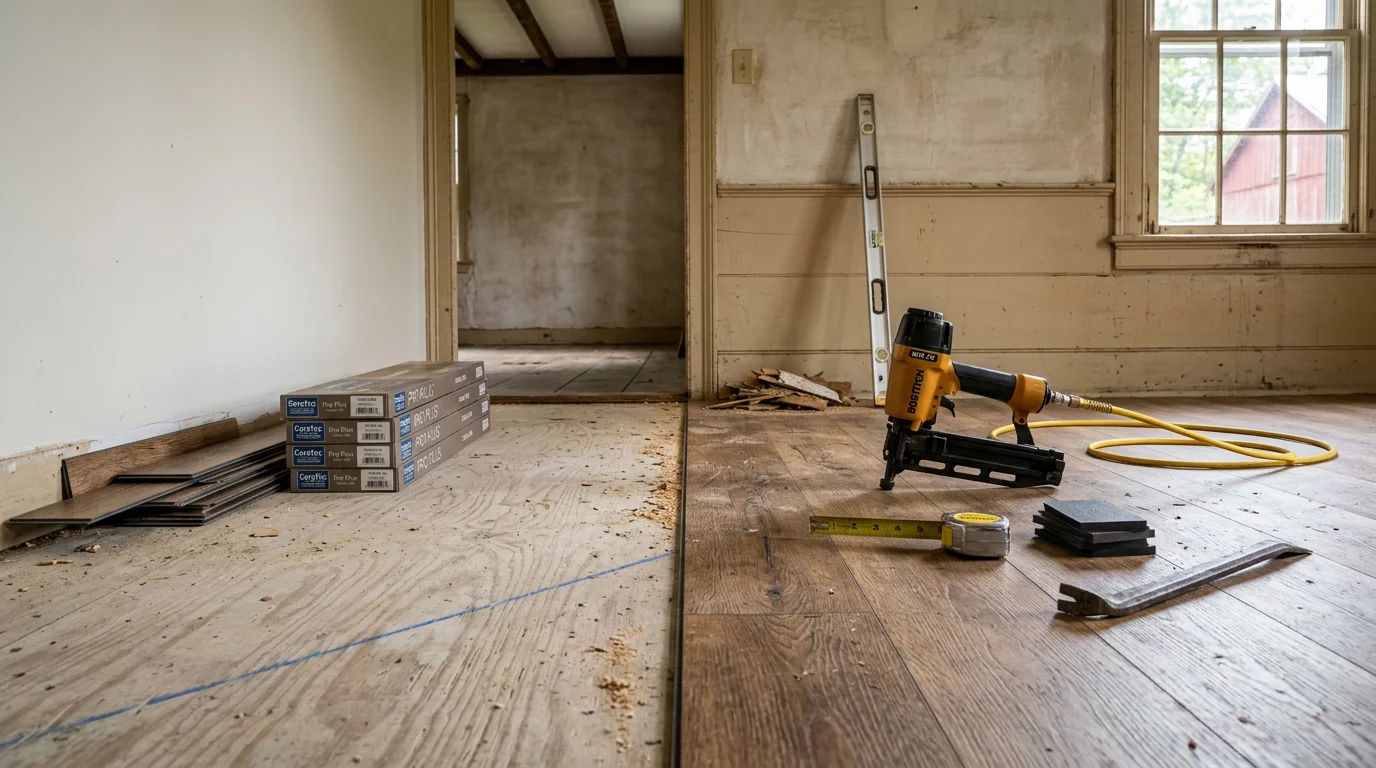 Freshly installed flooring in a residential living room in Ulster County, NY, showing clean, even planks running the length of the space. The room reflects the updated interior of an older Hudson Valley home after professional flooring installation.