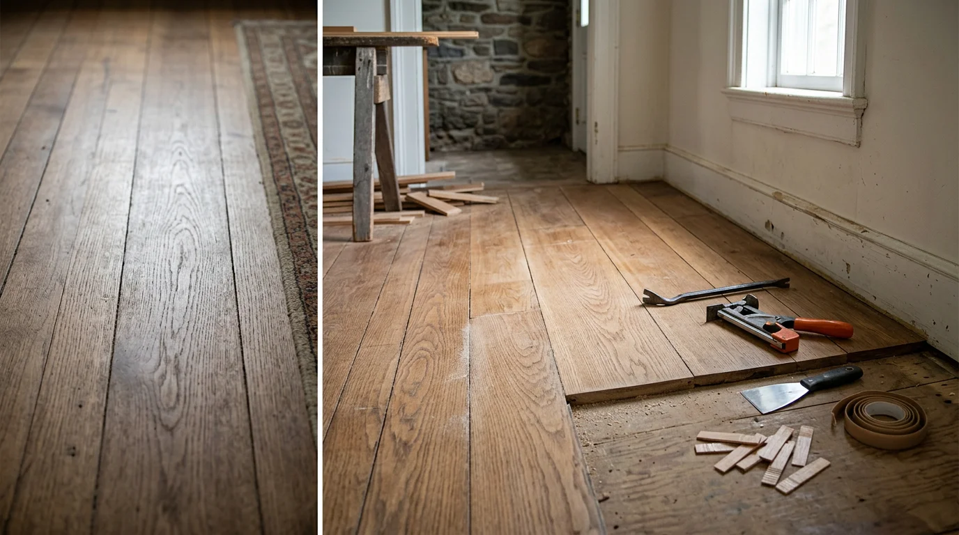Repaired hardwood floor section in a Hudson Valley home, showing matched boards with no visible gaps or damage. Close-up view of the finished repair in a residential room in Ulster County, NY.