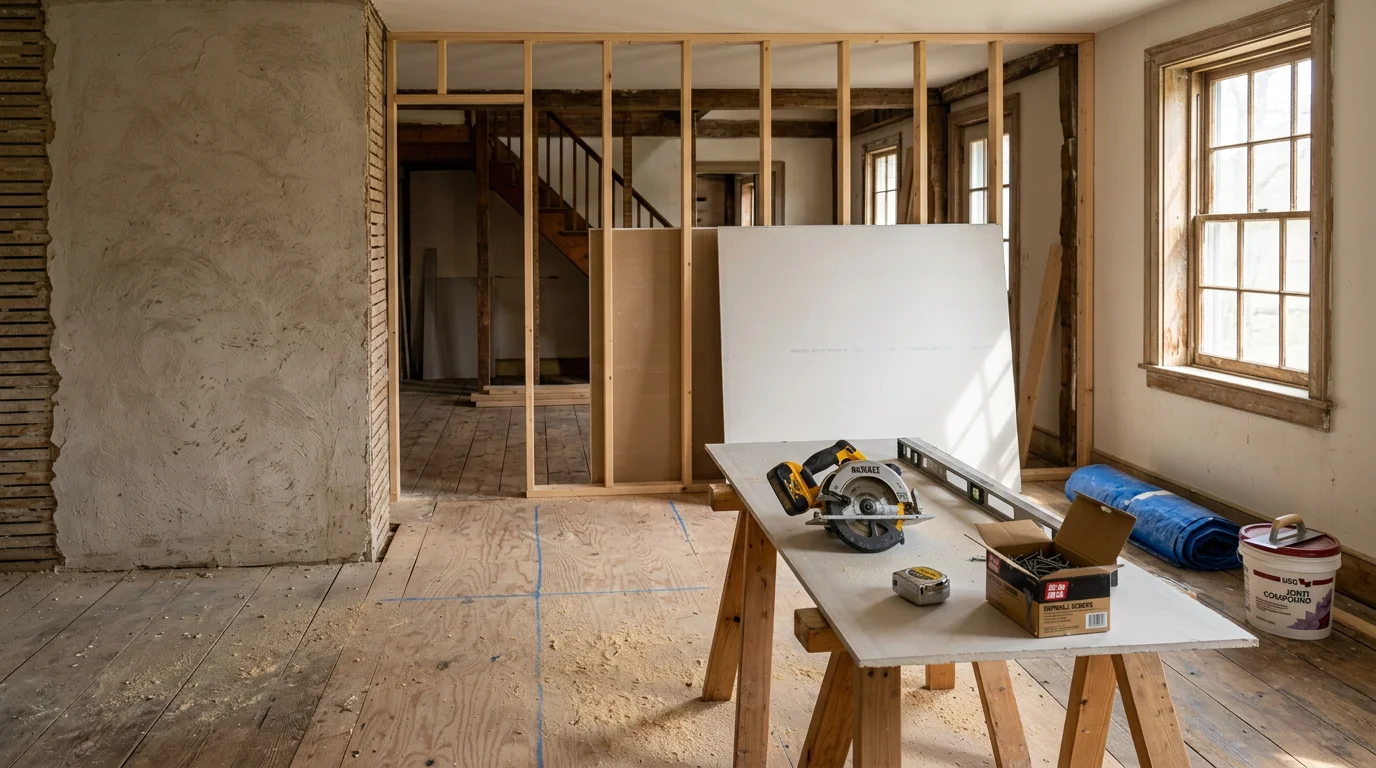 Interior of a residential room in Ulster County, NY mid-construction, showing new wall framing and subfloor work in progress. A partially completed buildout with exposed structural elements reflects hands-on general construction work typical of older Hudson Valley homes.