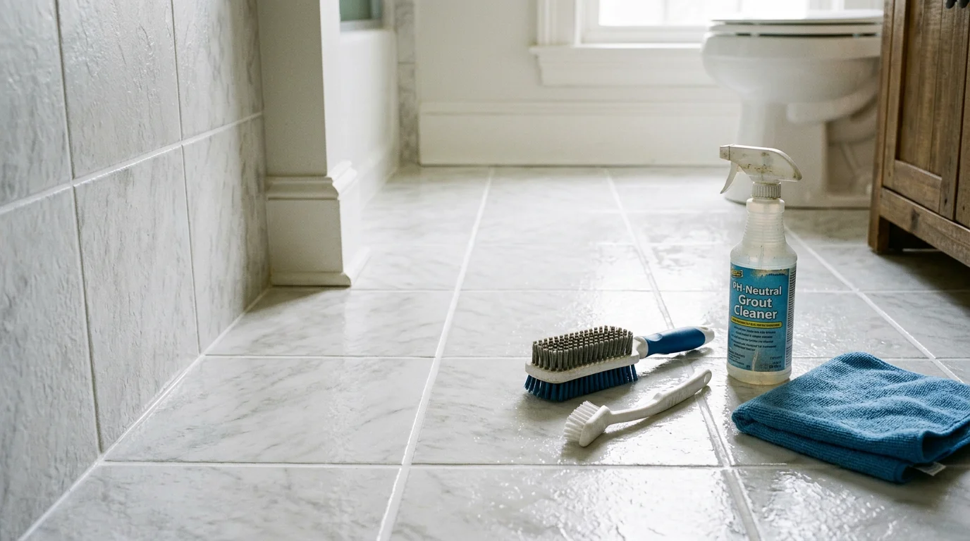 Close-up view of freshly cleaned white grout lines between floor tiles in a bathroom, showing restored color and removed buildup. Professional grout cleaning result in an Ulster County, NY home.