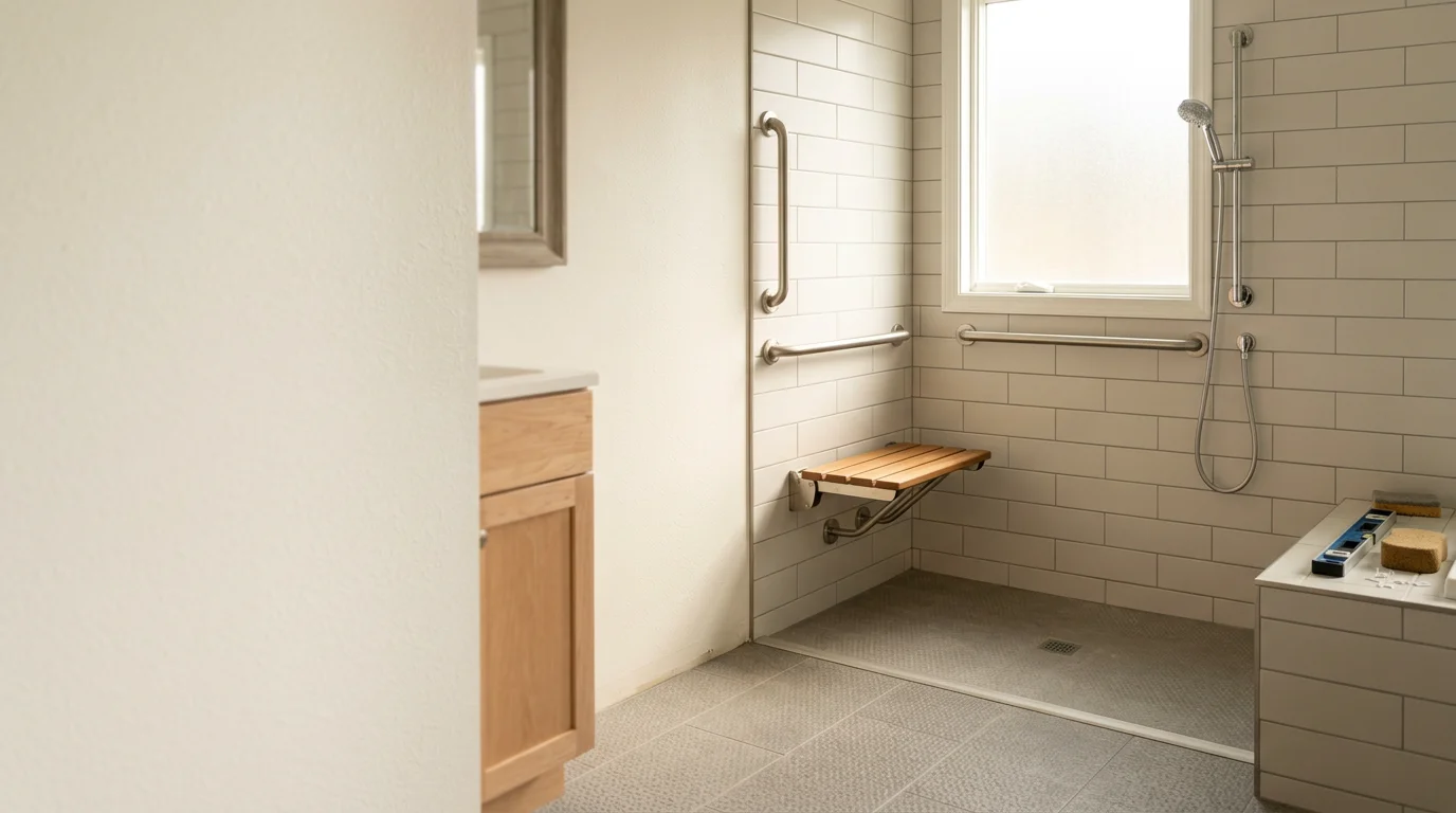 A finished handicap accessible shower in an Ulster County, NY home, featuring a curbless tile floor, wall-mounted grab bars, and a fold-down bench seat. The open entry and handheld showerhead on a slide bar reflect a practical barrier-free installation.