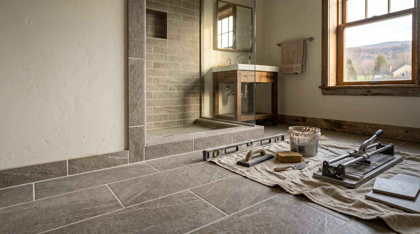 A renovated kitchen interior in an Ulster County, NY home showing a tile backsplash, updated cabinetry layout, and clean finishes. The space reflects a practical home design transformation typical of older Hudson Valley residential properties.