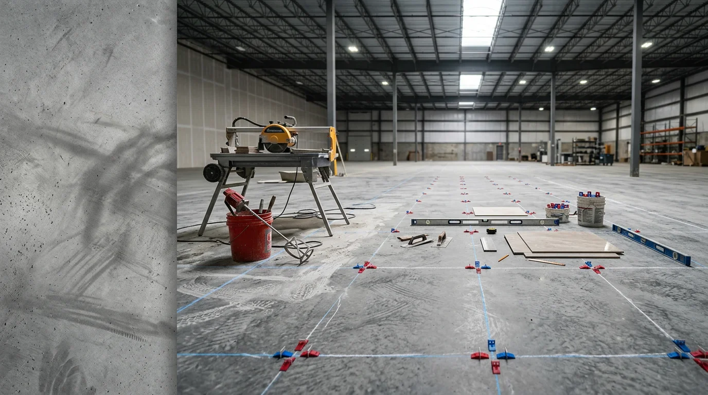 Freshly installed industrial tile flooring in a commercial facility in Ulster County, NY, showing a clean, level surface with tight grout joints suited for heavy daily use. Wide-format tiles cover a large open floor area typical of a working commercial or warehouse space.