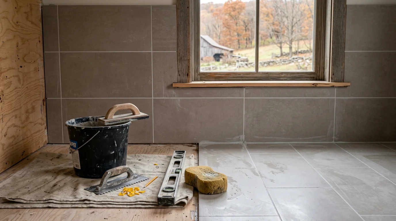 Freshly installed floor and wall tile in a renovated bathroom in Ulster County, NY. Clean grout lines and updated fixtures reflect a completed hands-on installation by Palermo Tile, Kitchen & Bath.