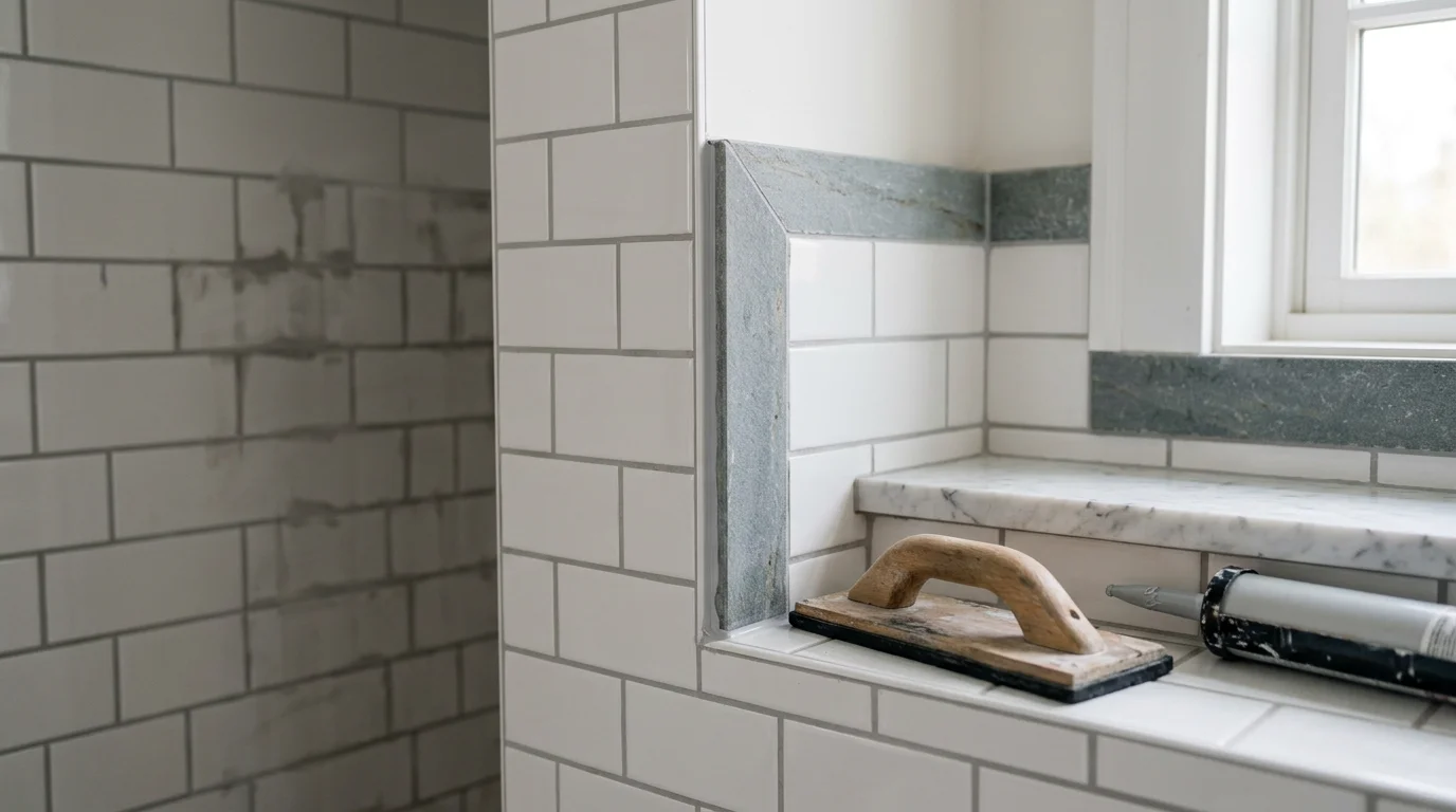 Finished bathroom tile wall with clean grout lines and caulked corner transitions in a residential home in Ulster County, NY. Close-up view showing edge trim detail on a tiled shower surround.
