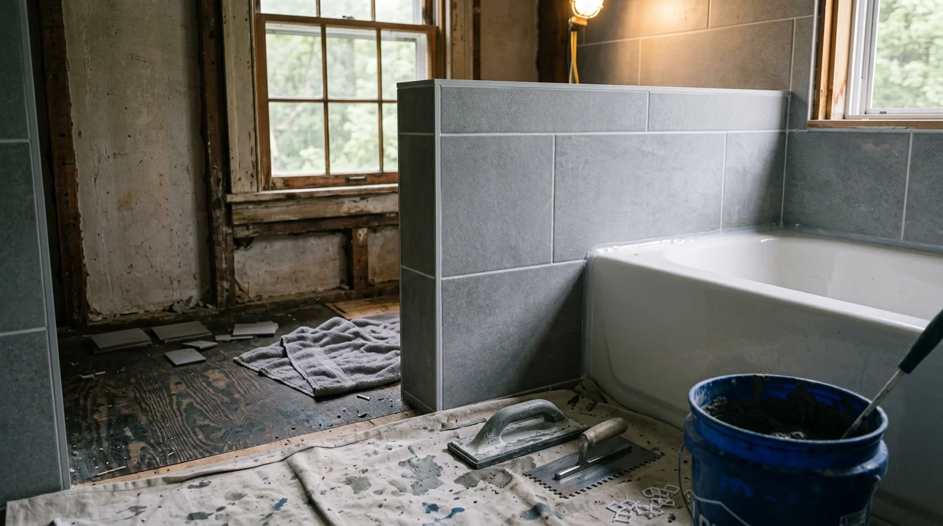 Freshly tiled bathroom shower surround and floor in an Ulster County, NY home, showing clean grout lines and a finished tile installation. Kitchen backsplash tile work visible in an adjacent renovation project serving the Hudson Valley area.