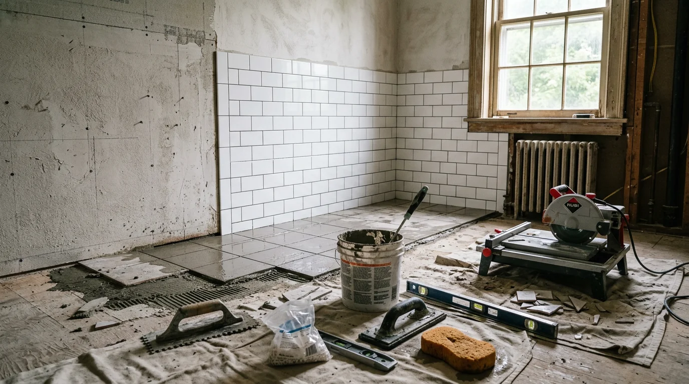 A renovated bathroom in an Ulster County, NY home featuring fresh tile work on the floor and shower surround, with updated fixtures and clean, modern finishes. The space reflects the kind of hands-on kitchen and bathroom renovation work Palermo Tile, Kitchen & Bath delivers across the Hudson Valley region.
