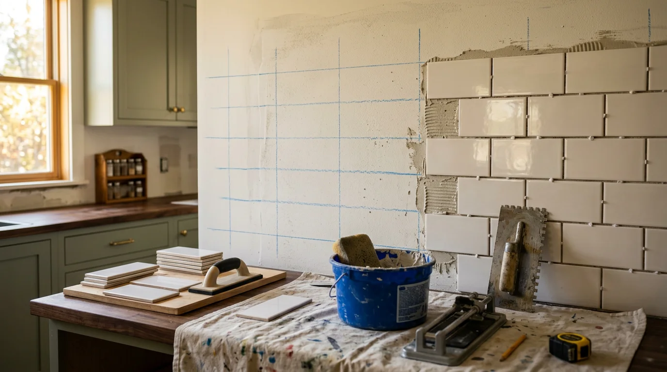 Freshly installed tile kitchen backsplash above a countertop in a Hudson Valley home in Ulster County, NY. The tile runs from the countertop surface to the upper cabinets with clean grout lines and sealed edges.