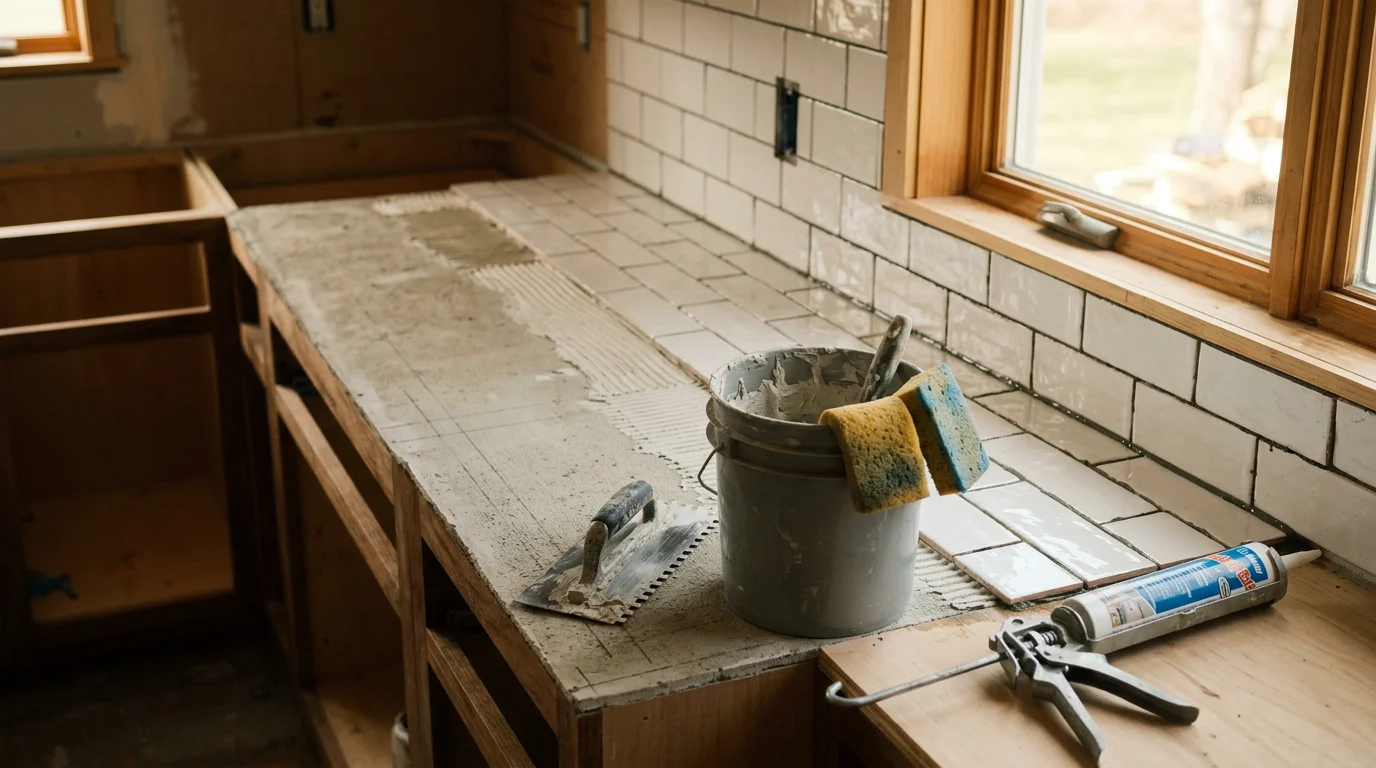 Freshly installed ceramic tile kitchen countertop with clean grout lines and sealed edge trim in a residential kitchen in Ulster County, NY. The countertop surface runs along white base cabinets with a sink cutout and smooth tile field.