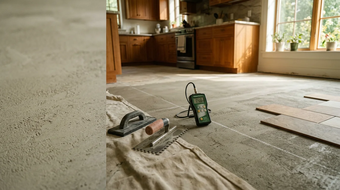 Newly installed kitchen floor in an Ulster County, NY home, showing clean tile work with tight grout lines and a smooth transition to the adjacent room. The kitchen features updated flooring that runs evenly from the cabinetry to the doorway threshold.