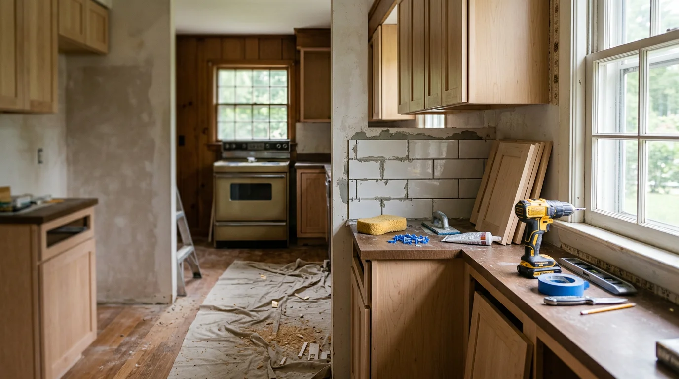 A remodeled kitchen in an Ulster County, NY home featuring updated cabinetry, new countertops, and a tiled backsplash. The finished space shows a functional open layout typical of renovated older Hudson Valley homes.