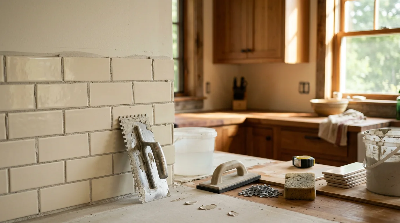 Freshly installed kitchen tile on the walls of a home in Ulster County, NY, showing consistent grout lines and clean cuts around cabinetry. The tile surface reflects a completed professional installation in a Hudson Valley residential kitchen.