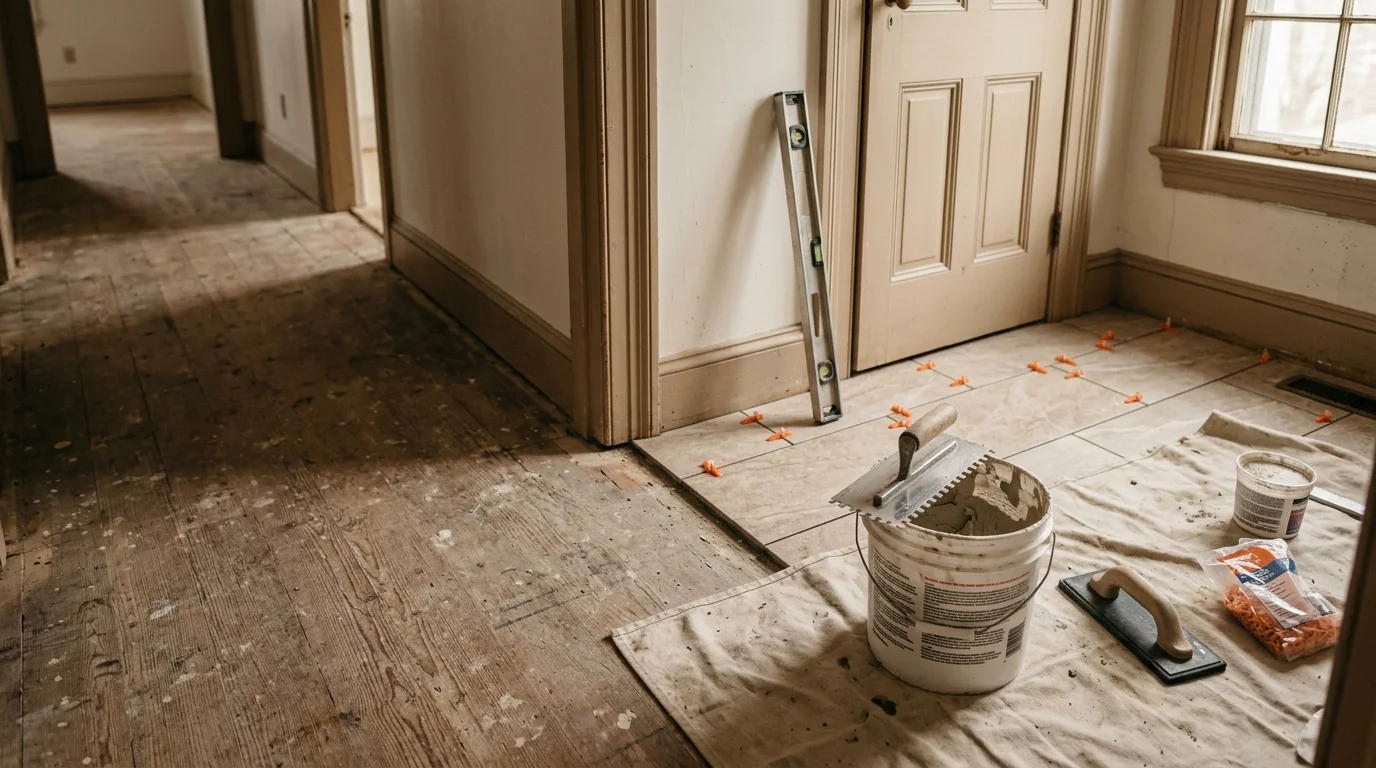 Newly installed residential flooring in a living room of an older Ulster County, NY home, showing a clean, flat surface extending from the entryway into the main living area. The room reflects a finished renovation with updated floors replacing worn original material.