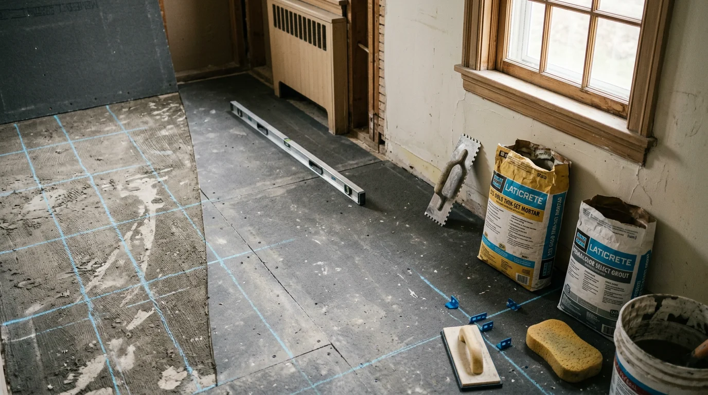 Freshly installed floor and wall tile in a bathroom renovation inside an Ulster County, NY home. The grout lines are clean and even, with a tiled shower surround visible in the background.