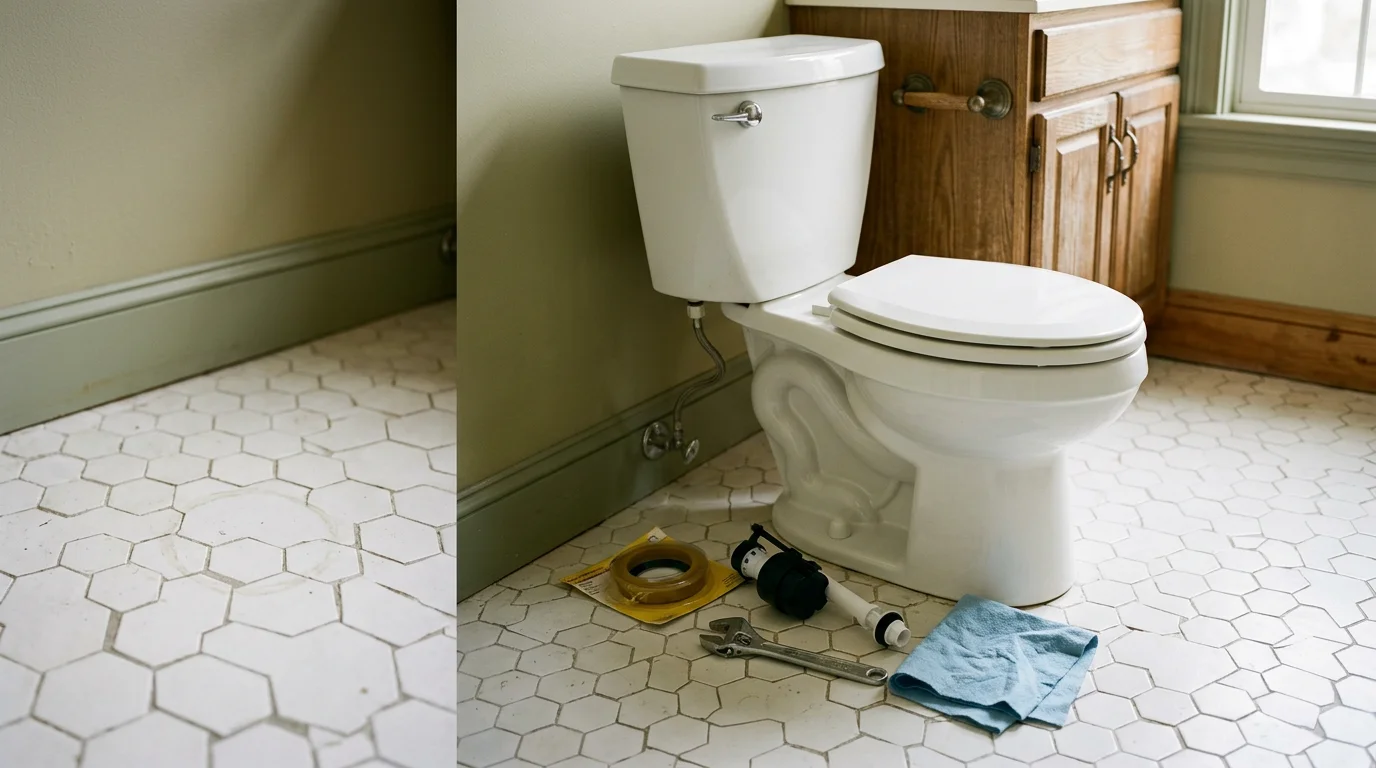 A repaired toilet in a residential bathroom in Ulster County, NY, with dry flooring and a properly seated base seal. Close-up view showing a clean porcelain fixture with no visible water damage around the base.